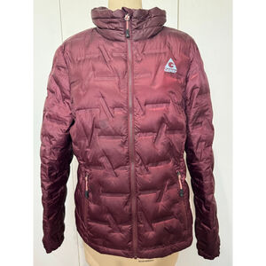 Women's Gerry Burgundy Pink Puffer Jacket L Fillpower 650 printed lining